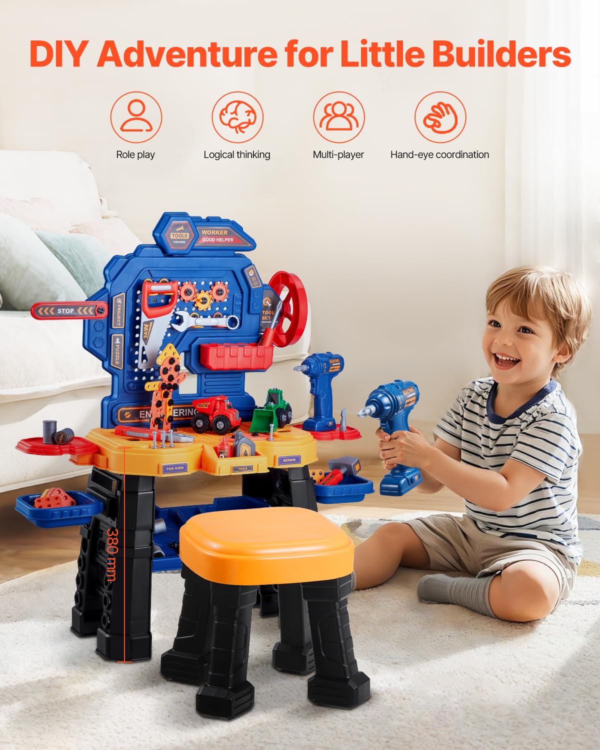 VEVOR Kids Workbench, 181 pcs, Kids Tool Bench with Realistic Tools and Electric Drill, Pretend Play Construction Workbench Toys