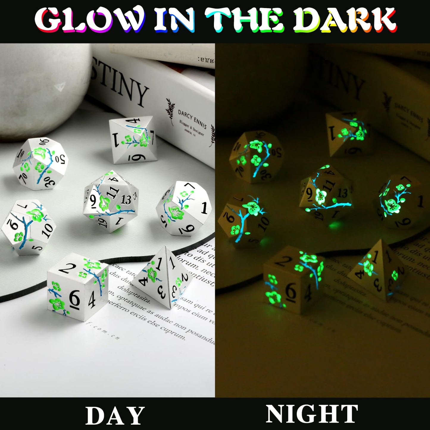 Glow in The Dark Metal Dice, DNDND 7 PCS Green Metallic D&D Dice Set with Grogeous Gift Case for Dungeons and Dragon Tabletop Ga