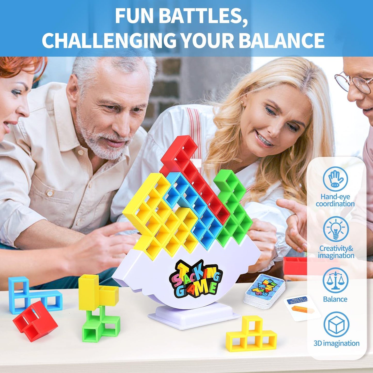 BBnote 48PCS Stack Game for mature-themed & Kids Tetra Board Tower Games for Family Travel Party 2 Players Balance Stacking Toy Attack Team Toys Building Block