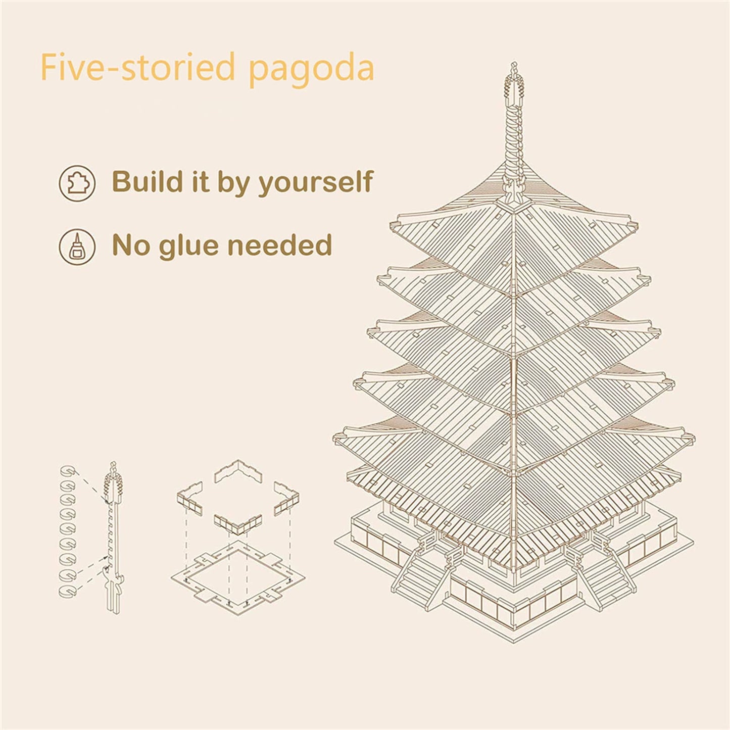 Rowood 3D Puzzles For Adults, Wooden Model Kits For Adults To Build, Gift On Birthday Christmas - Five-Storied Pagoda (275 Pcs)
