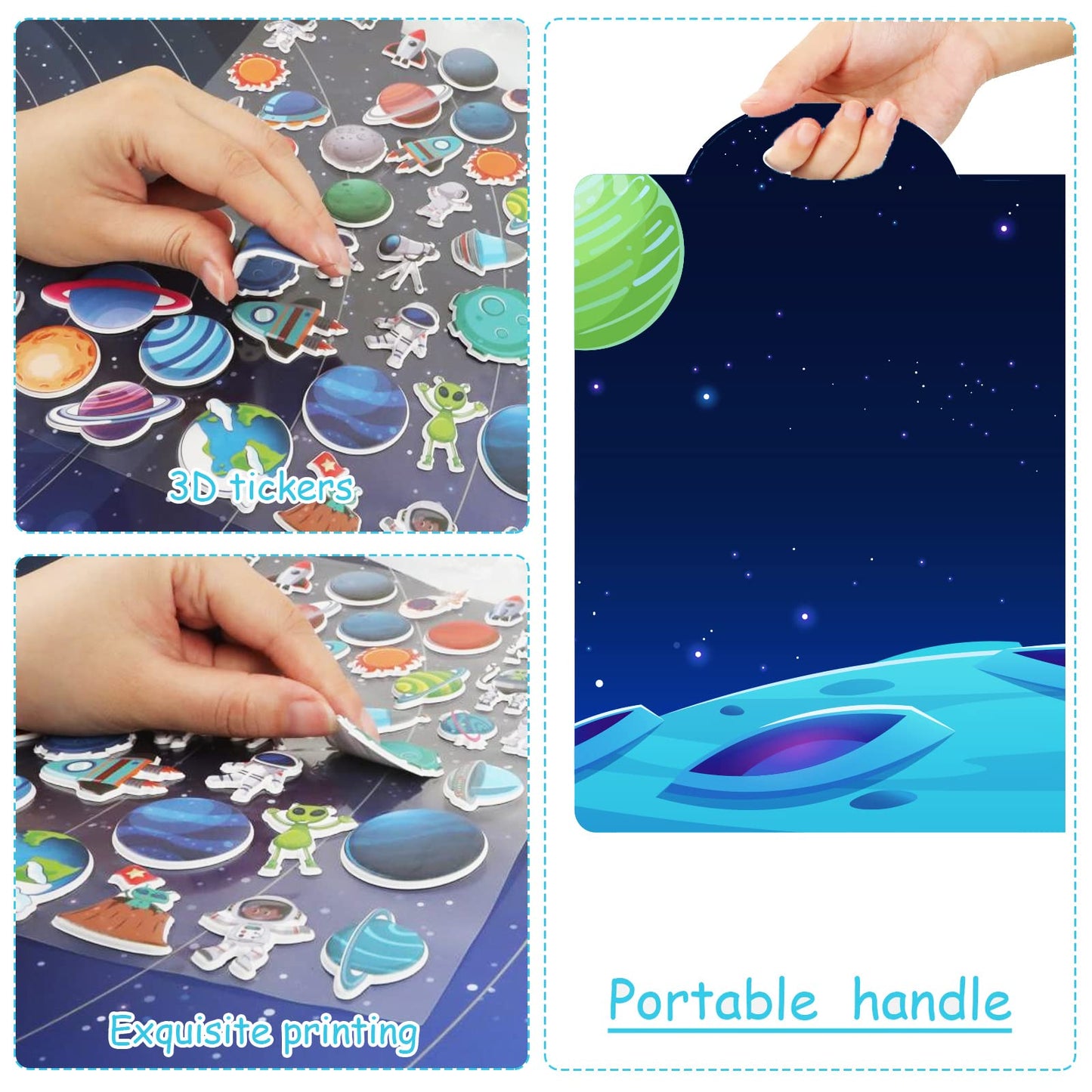 3D Outer Space Puffy Sticker Play Set Kids 2-4 Toys Gifts Sticker Book Galaxy Window Clings Decals For Toddlers Home Airplane Solar Systerm Party Supplies Decorations 100 Reusable Puffy Stickers