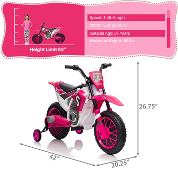 TOBBI 12V Electric Motorcycle for Kids, Large Rose Pink Dirt Bike with Training Wheels, Ideal Gift for Boys & Girls Aged 3+