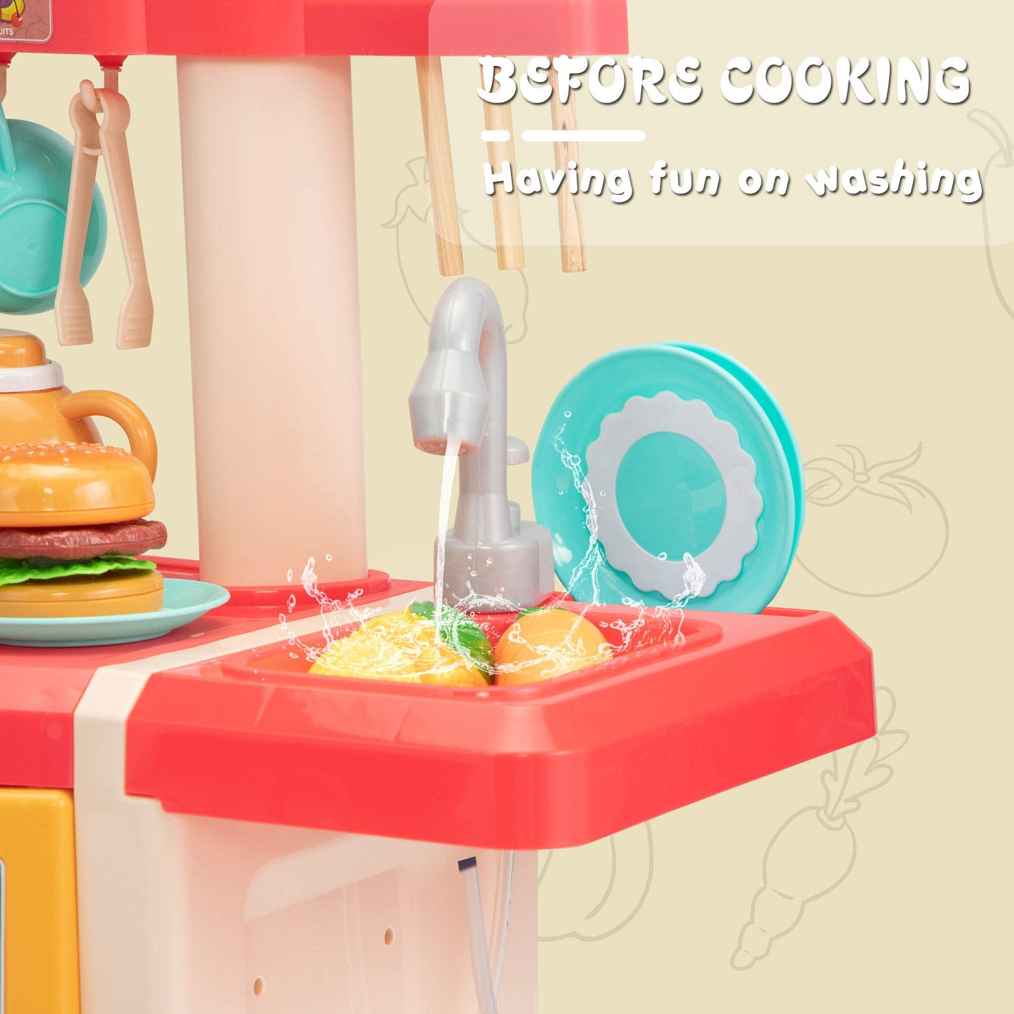 Kids Play Kitchen,Kitchen Playset with 65pcs Kitchen Toys for Toddlers,Play House Accessories with Spray Stove, Simulated Steam,