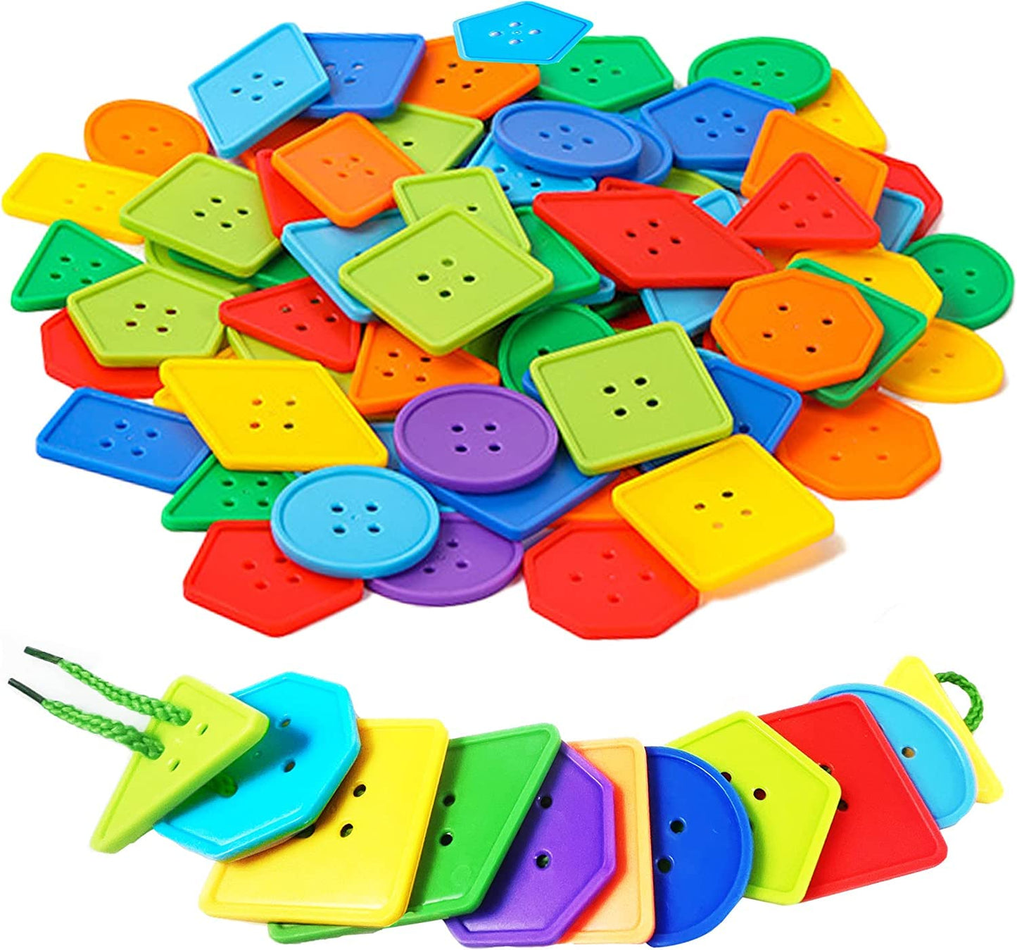 70 Pcs Montessori Lacing Threading Toy - Geometric Shaped Large Beads For Kids Crafts, Preschool Activities And Daycare Toys - A