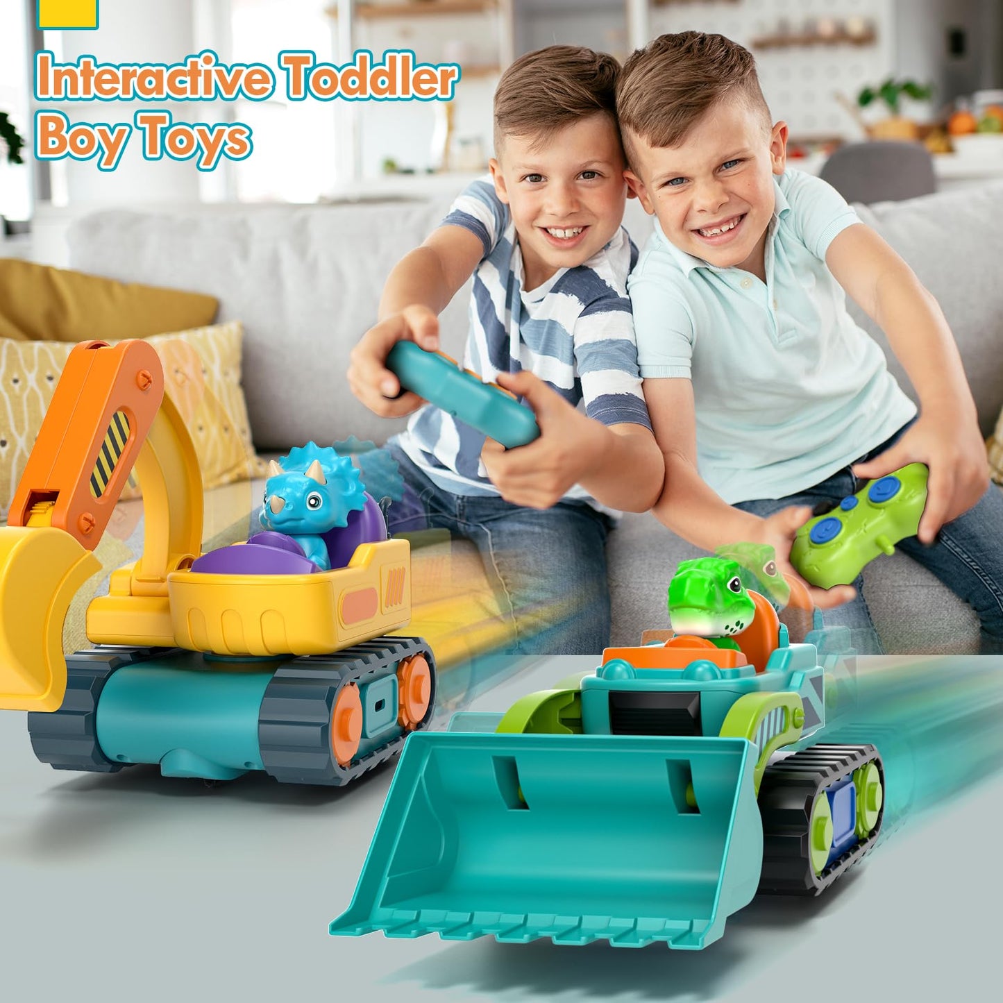 Lehoo Castle Construction Toys, 2 Pack Remote Control Car for Toddlers 1-3, Rechargeable Excavator Toy Bulldozer Toys for 2 Year