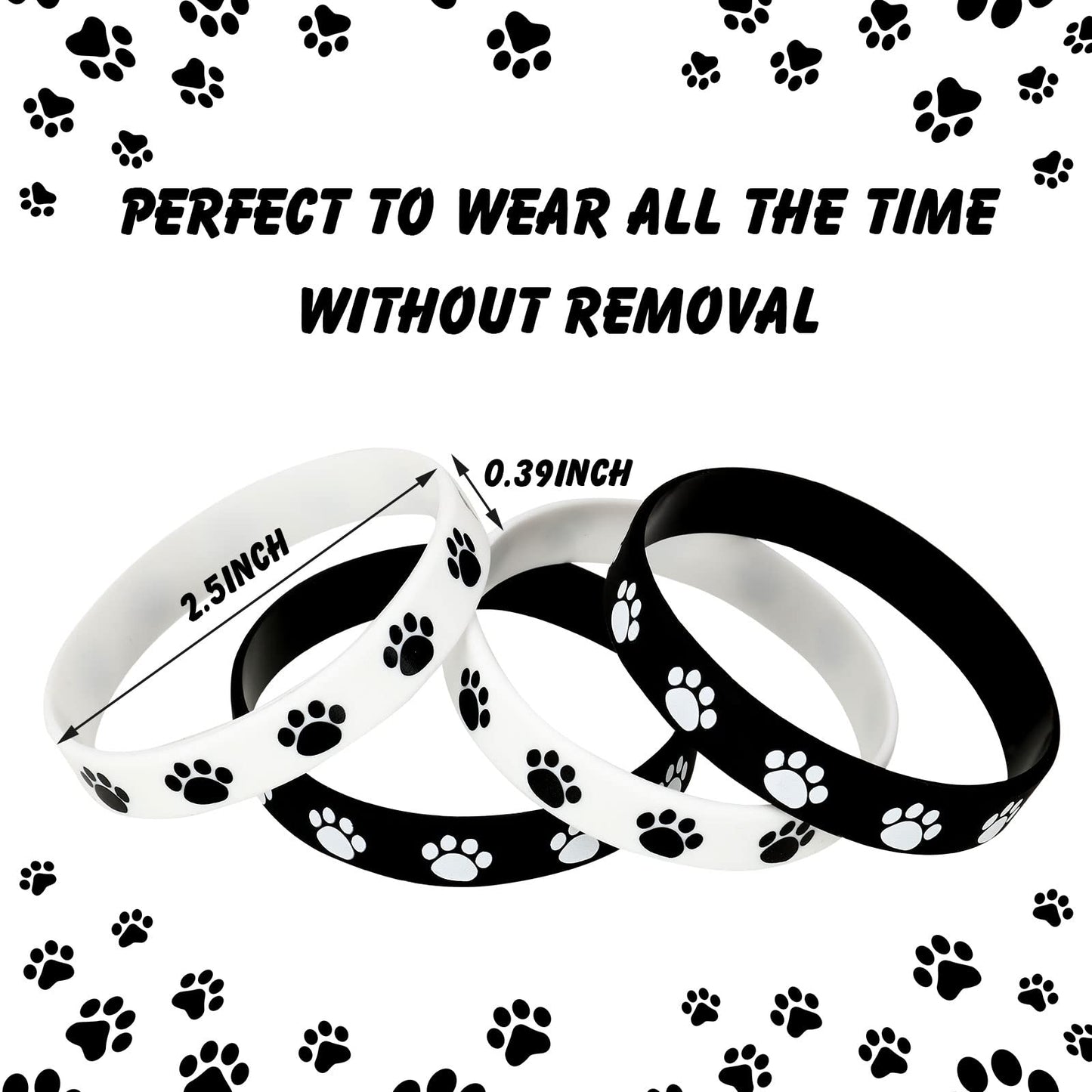 48 Pieces Paw Print Rubber Bracelets Multicolor Silicone Stretch Wristbands for Birthday Party Supplies, Black, White