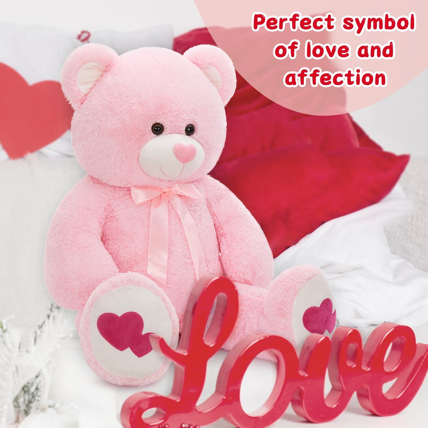 Tezituor Giant Teddy Bear Stuffed Animal 4Ft - Big Pink Teddy Bear With Love Red Heart - Large Stuffed Bear Plush Toys For Kid Christmas Birthday - Valentines Bear Gift For Girlfriend
