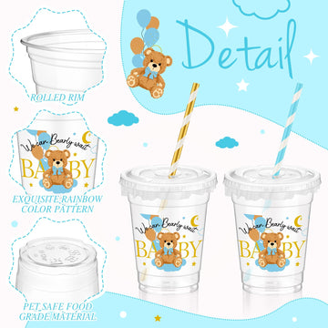Foldtier 50 Pcs Baby Shower Party Disposable Plastic Cup 12 Oz Blue Bear Cups Thick Clear Cup Lids Straws Baby Shower Party Supp