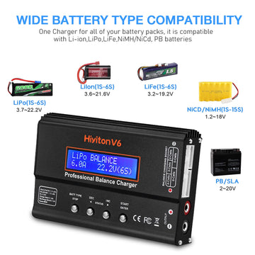 Lipo Battery Charger, 1S-6S Balanced Charger Discharger, 1-6S Lipo Li-ion NiMH NiCD Li-Fe Battery with Tamiya XT60 Deans Futaba