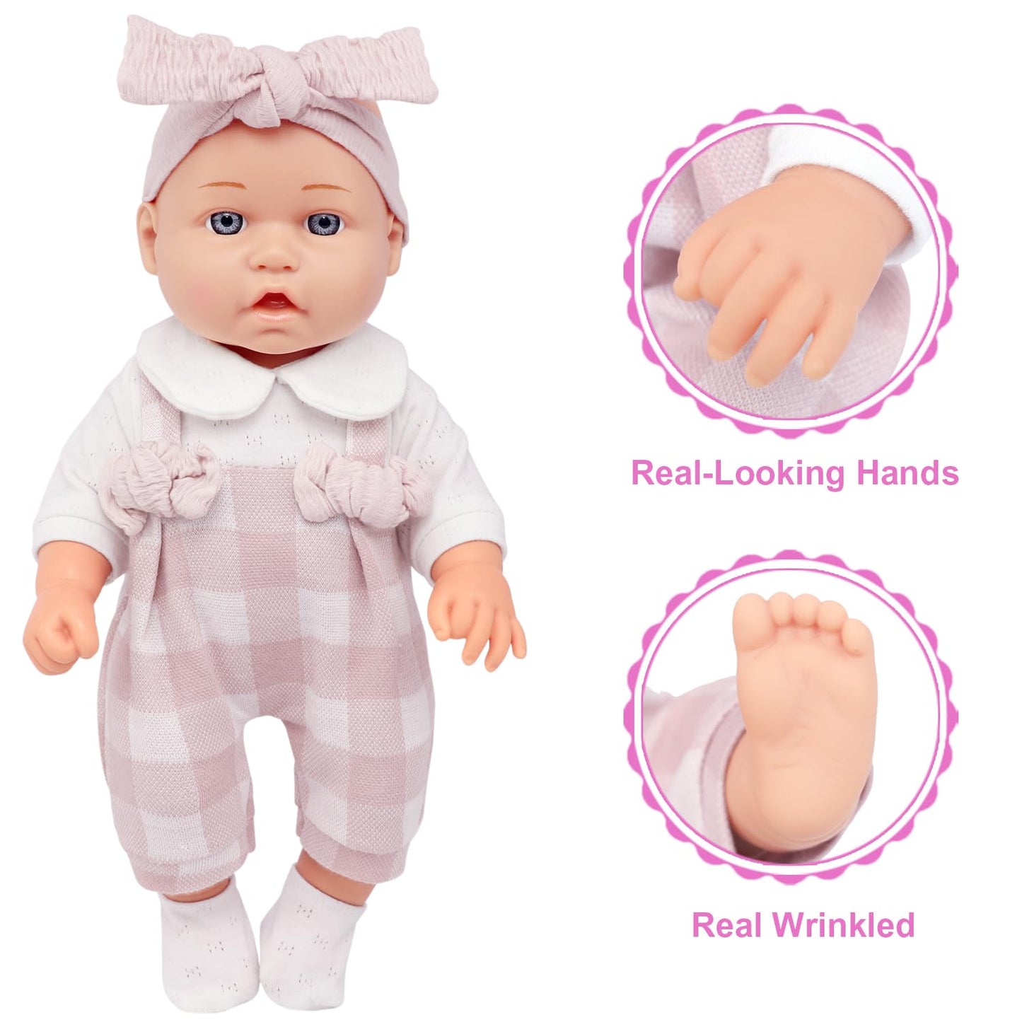Ecore Fun 12 Inch Baby Doll and Clothes Accessories Playset - 6 Pcs 12 Doll with Pink Romper Outfit Headband Socks Pacifier Bottle | Gift Ready in Box