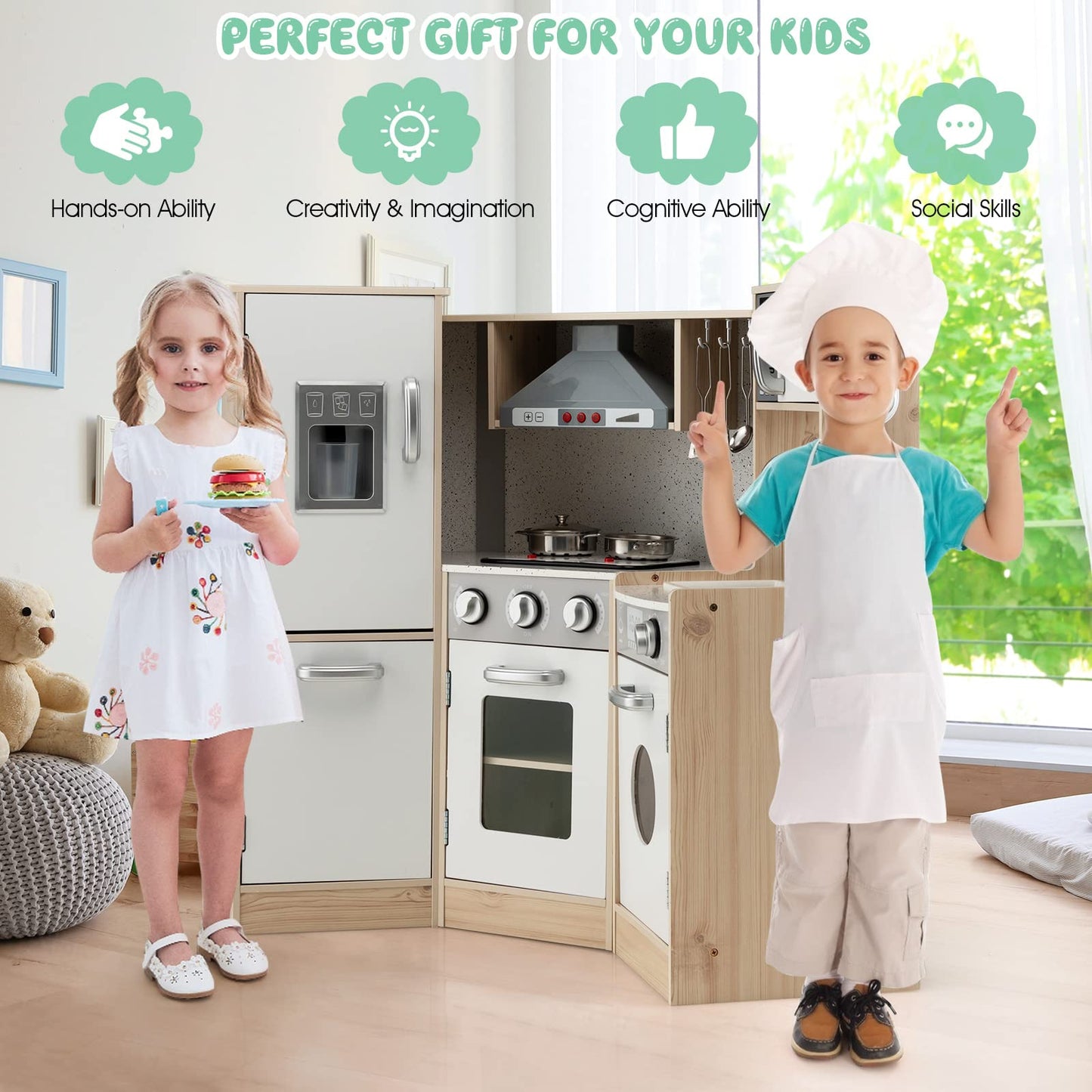HONEY JOY Corner Kids Kitchen Playset, Wooden Play Kitchen for Toddlers, Range Hood, Phone, Water Dispenser, Storage Box, Little