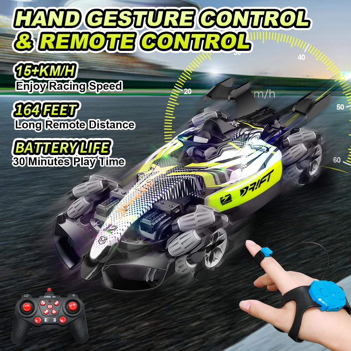 Axirata F1 Gesture Hand Remote Control Car for Kids Age 6-12 Year Old 2.4GHz 4WD 360Rotation Drift RC Stunt Car with Light & Mus