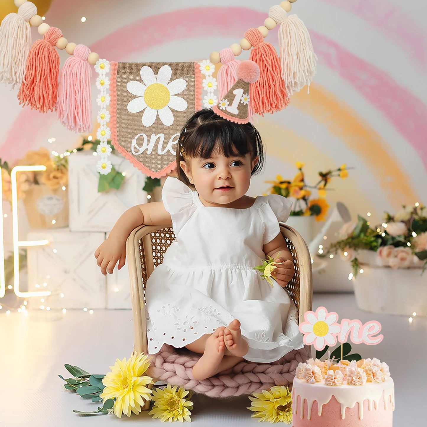 Ereniko Boho Pink Daisy Handmade Burlap Birthday High Chair Banner Wild One Cake Topper Birthday Cone Hat Happy Birthday Party D