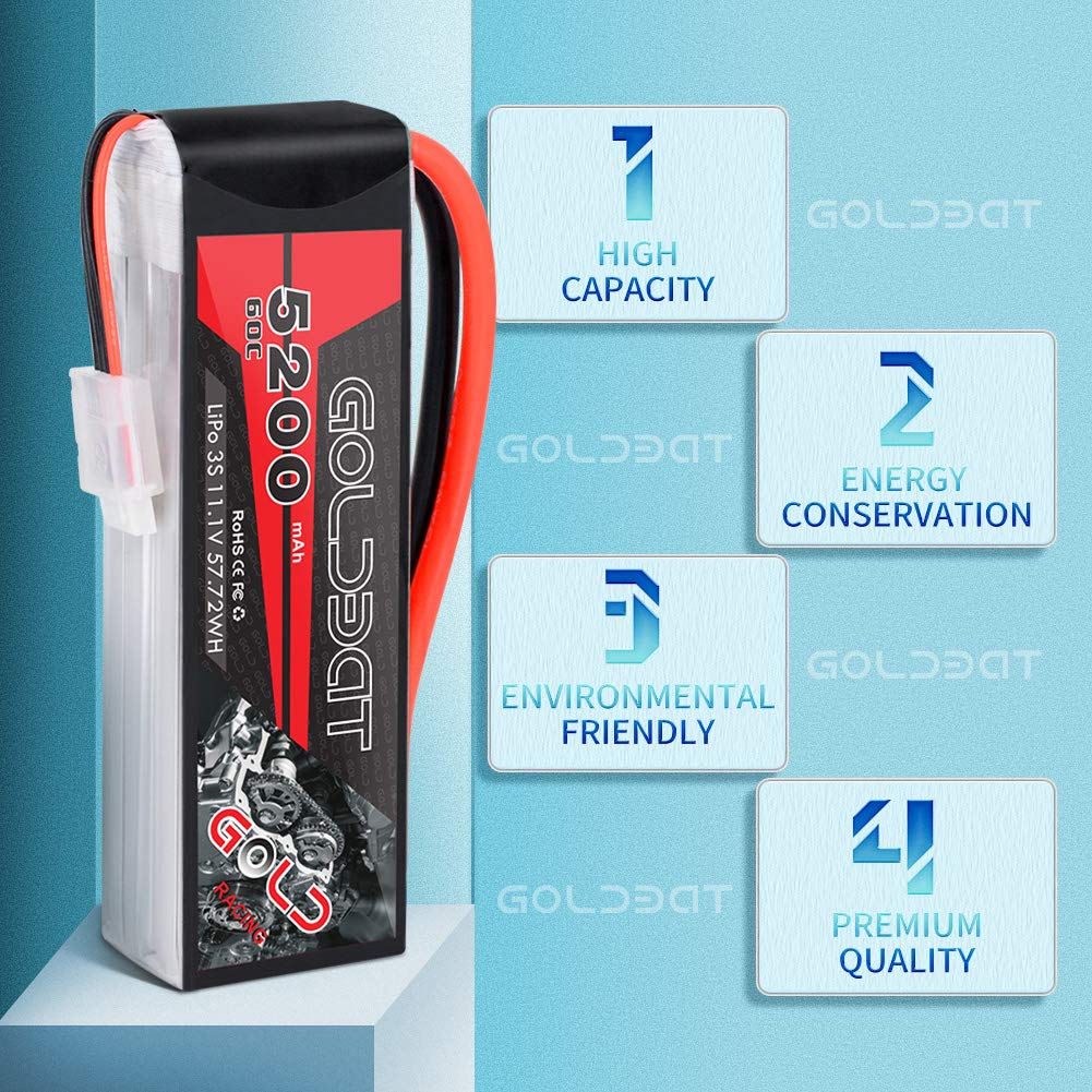 GOLDBAT LiPo RC Battery 5200mAh 3S 60C 11.1V LiPo RC Short Battery with Deans Connector Softcase Pack for RC Car Truck Quadcopte