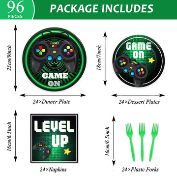 96 Pcs Video Game Plates And Napkins Party Supplies Gaming Party Tableware Set Green Gamer Party Decorations Favors For Kids Bir