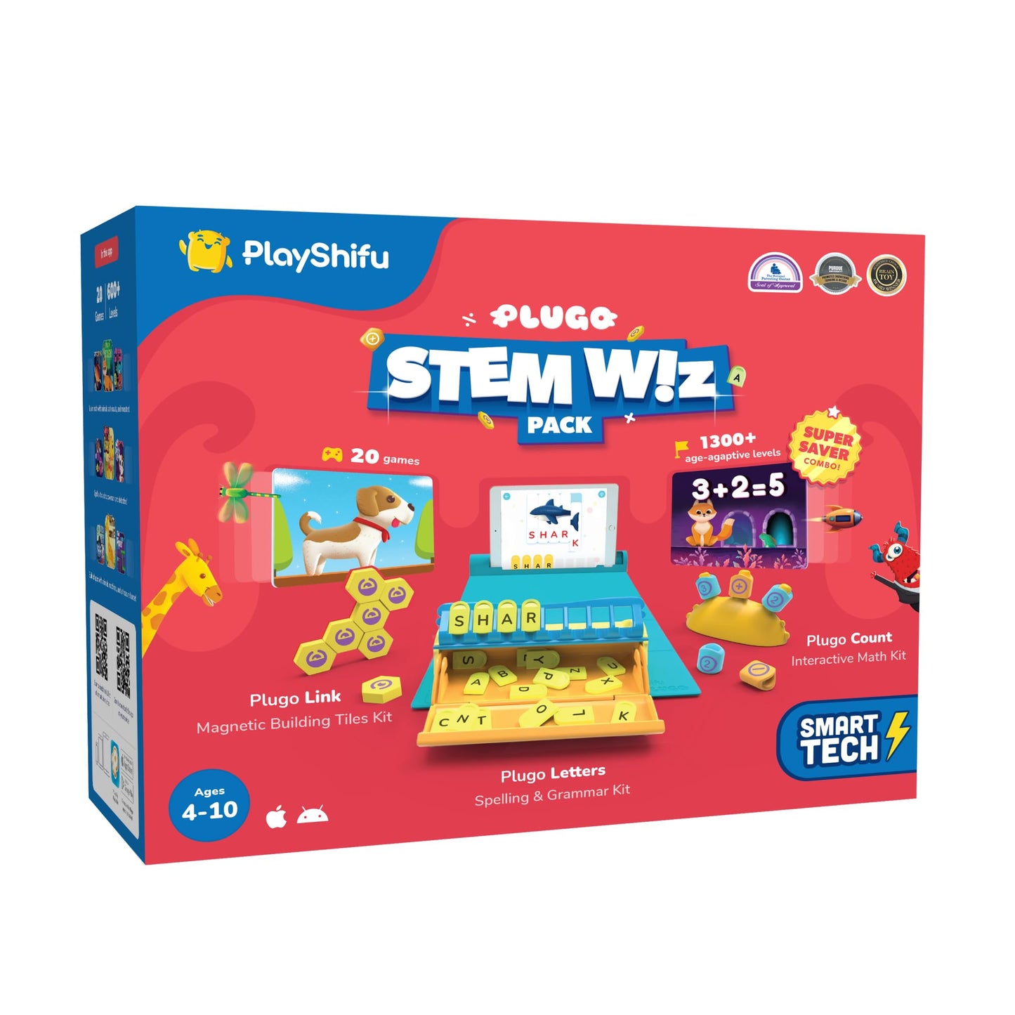 Plugo Stem Pack By Playshifu - Count, Letters & Link (3In1) | Math, Words, Magnetic Blocks, Puzzles | 4-10 Years Stem Toys | Gift Boys & Girls (Works With Ipads, Iphones, Samsung Tabs, Kindle Fire)