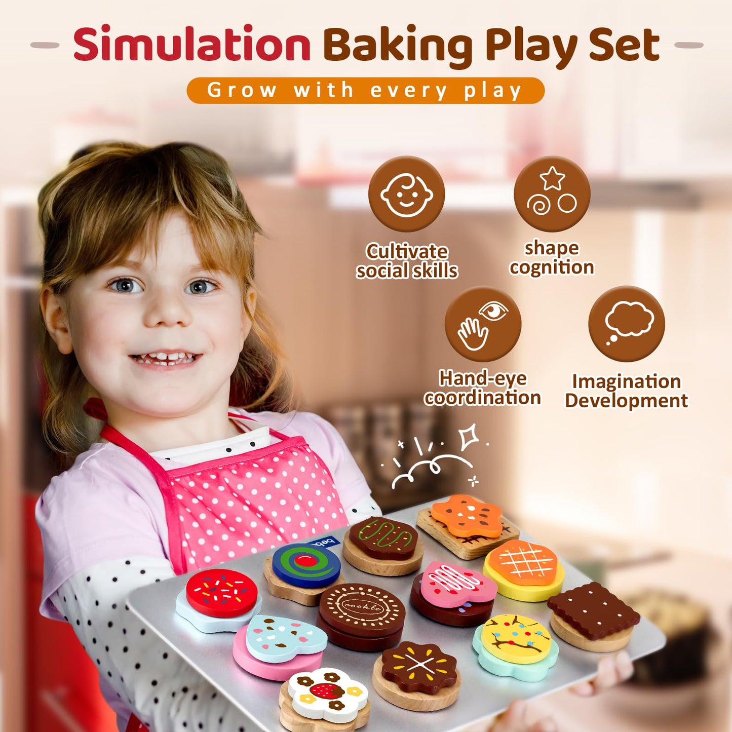 Wooden Cookie Play Food Set for Kids Kitchen Accessories Food Toys for Toddlers 1-3 Pretend Play Slice and Bake Gift for 3 4 5 Y