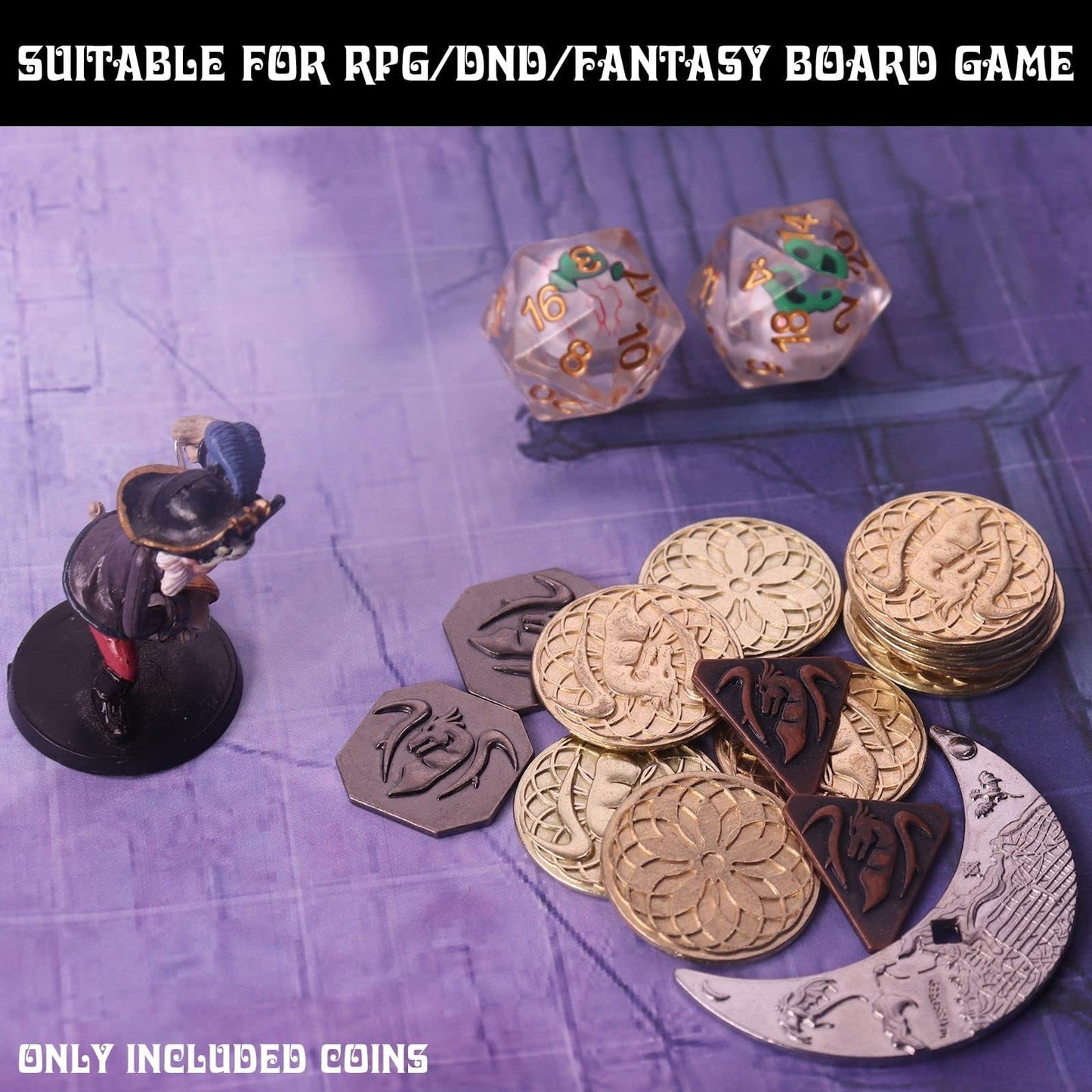 Byhoo 145 Pcs Metal Dnd Coins & Leather Bag, Contains 60 Gold Coins, 40 Sliver Coins, 40 Copper Coins And 5 Platinum Coins, Toke
