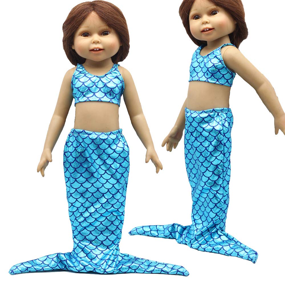Popuid 18 Inch Doll Mermaid Costume Outfit Set For American Girl Doll Sparkly Mermaid Tail Swimsuit Princess Clothes (Blue)