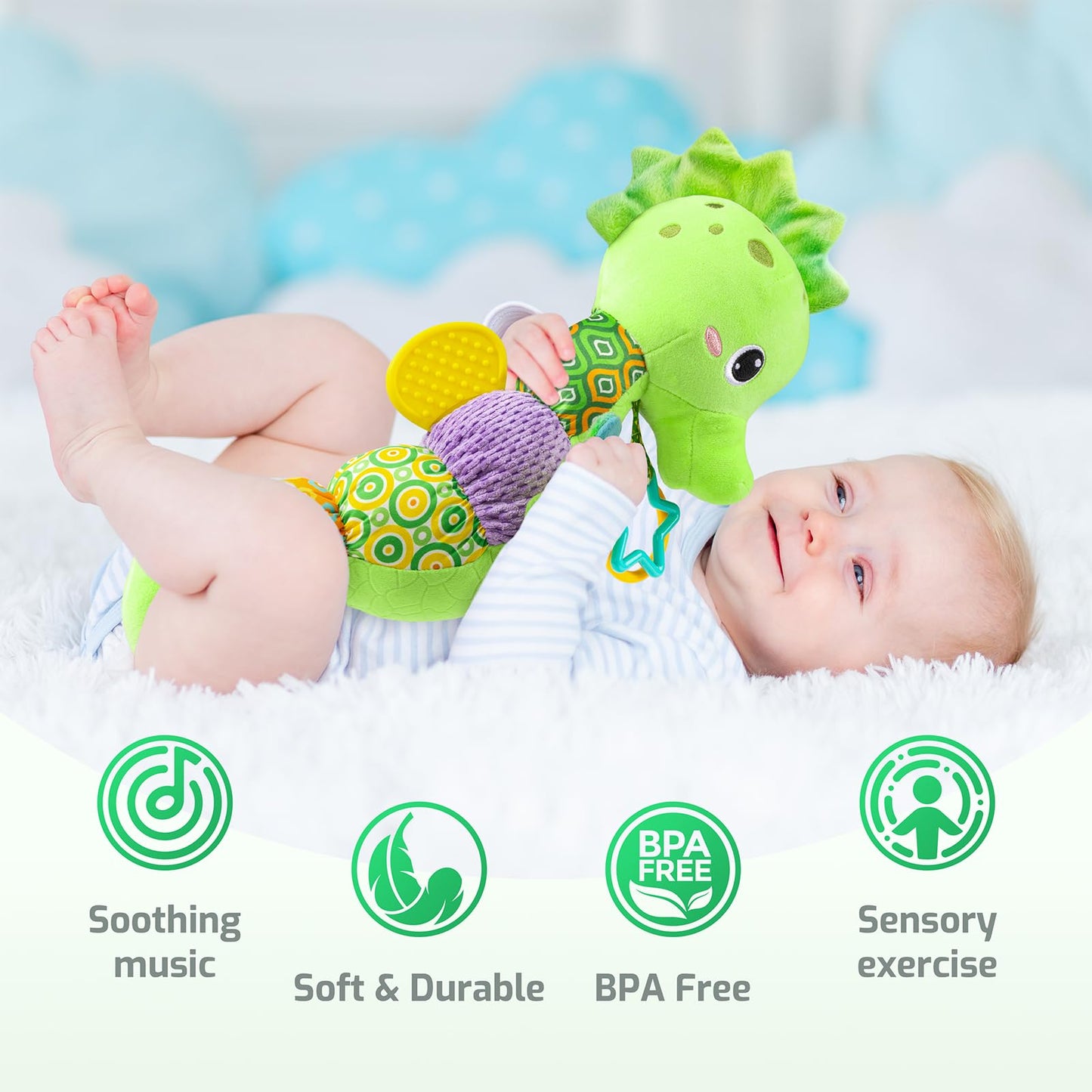 Sumobaby Infant Baby Musical Stuffed Animal Activity Soft Toys With Multi-Sensory Crinkle, Rattle And Textures, For Tummy Time Newborn 0-3-6-12 Months Boys, Girls, Seahorses, Green