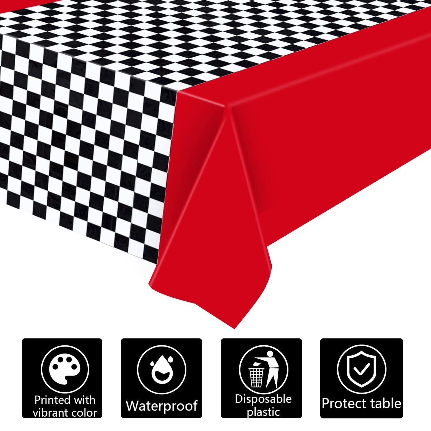 Tallew Checkered Disposable Tablecloths - 2 Pcs Black & White Race Table Covers for Racing Birthday Party Decor - Red