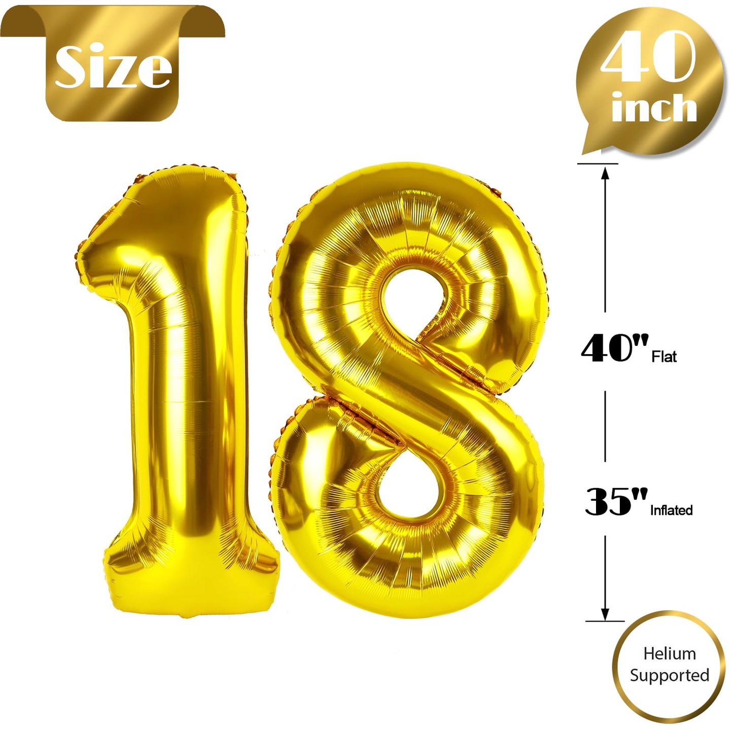 18 Balloon Number, Gold Number 18Th Birthday Balloons 40 Inch, 18 Years Old Gold Birthday Decorations For Boys Girls, 18Th Anniv