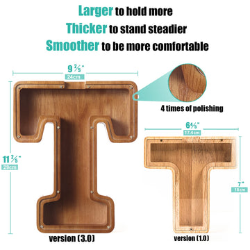 Summidate Large Wooden Piggy Bank For Kids Adults, Alphabets Letter A-Z Piggy Bank For Boys Girls, Coins Bills Change Bank Box P