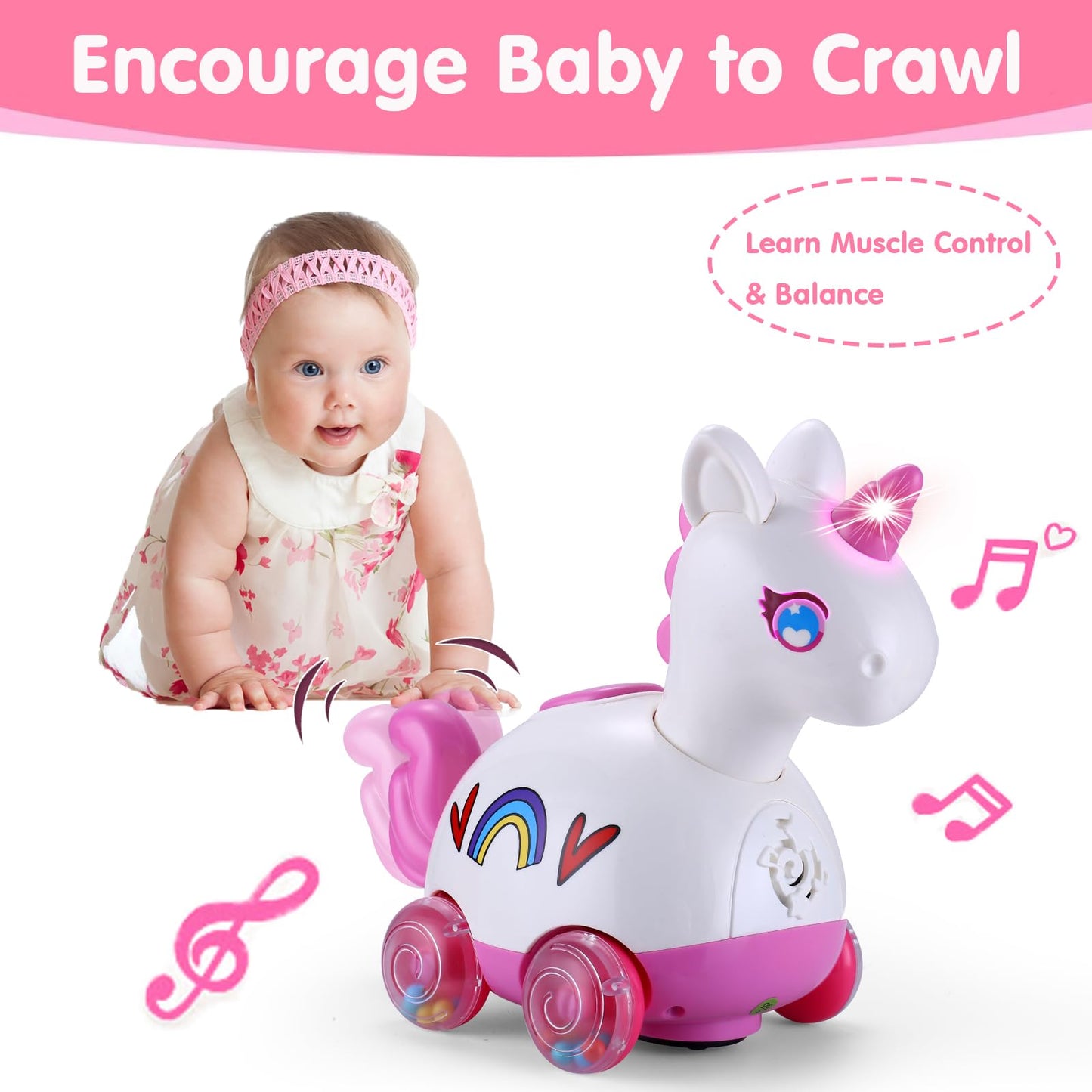 Wanonoo Unicorn Baby Toys 6-12 Months - Press & Go Musical Light Infant Baby Crawling Baby Toys 12-18 Months, Tummy Time Toys Fo
