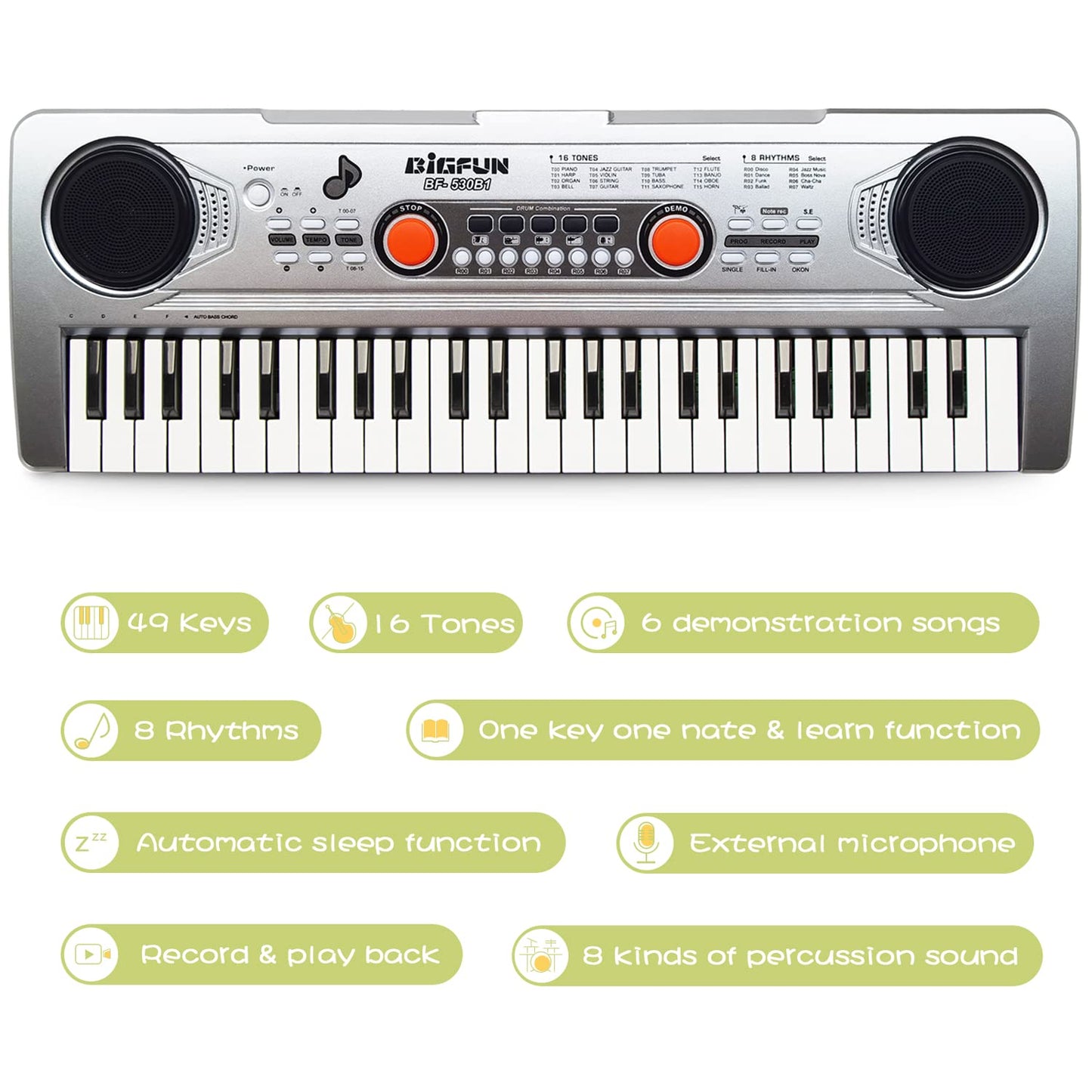 Raimy 49 Keys Piano Keyboard For Kids - Portable Electronic Digital Piano With Microphone, Learning Educational Music Keyboard Piano For Beginners Gifts Toys For Boys Girls Toddlers (Silver)