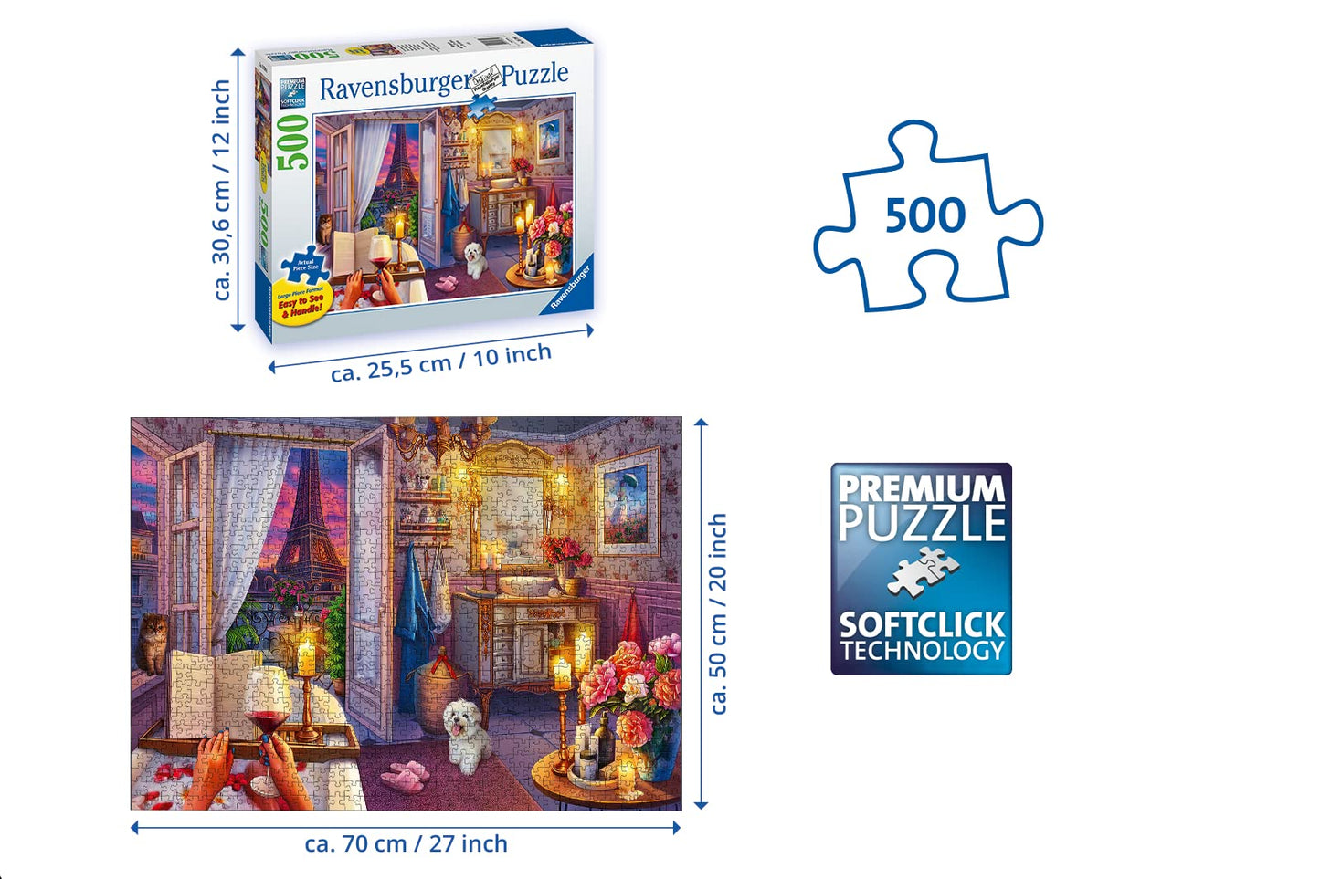 Ravensburger Cozy Bathroom Jigsaw Puzzle - 500 Piece Large Format | mature-themed Friendly | Unique Softclick Technology Vibrant & Glare-Free | FSC-Certified Sustainable Product