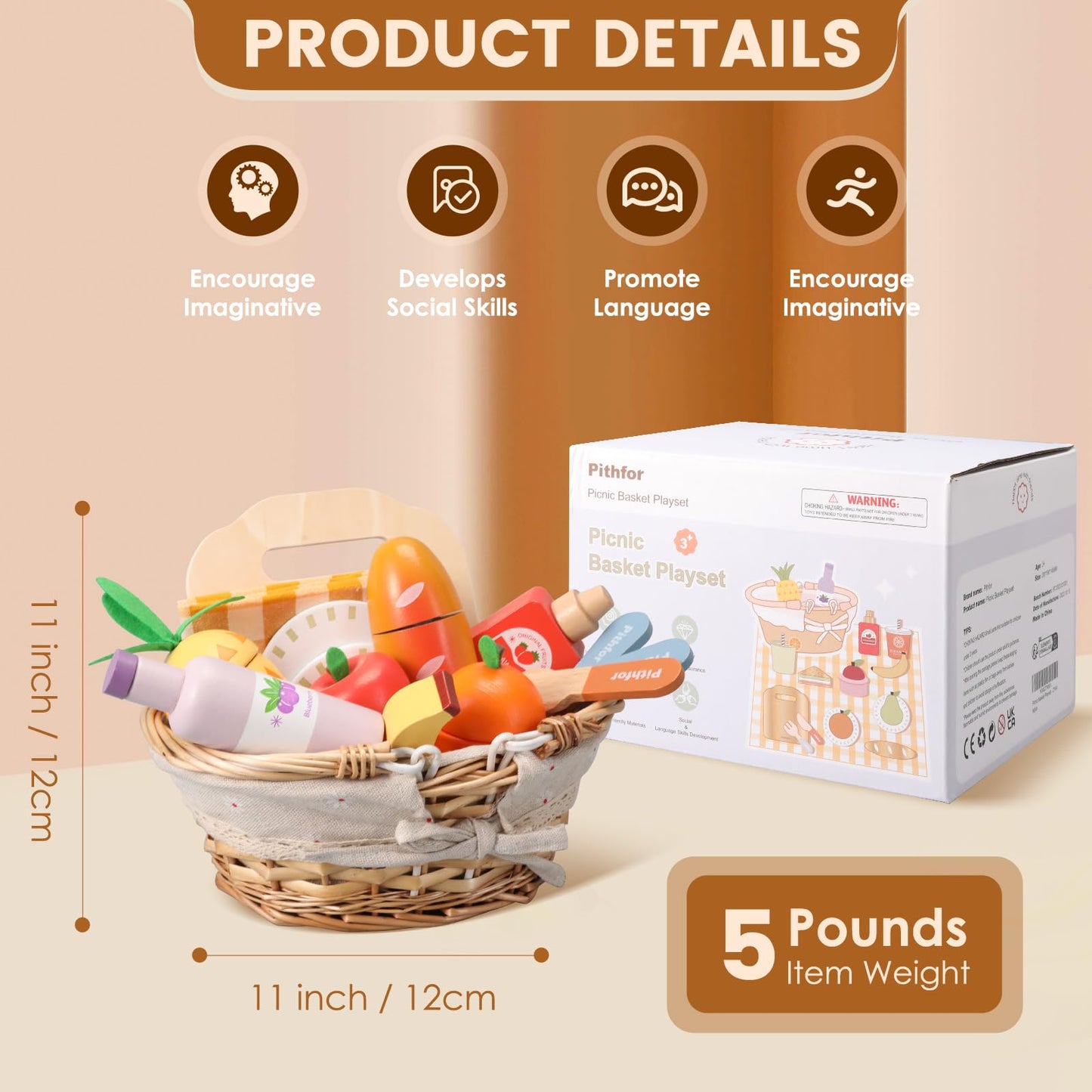 Pithfor Picnic Playset, Wooden Play Food Set for Kids Kitchen, Cutting Pretend Play Kitchen Food Toy for Toddlers Girls Boys 1 2