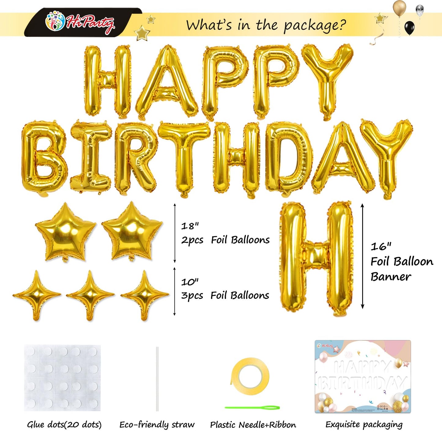 23Pcs Birthday Balloons Banner, 3D Gold Premium Mylar Foil Ecofriendly Letter Happy Birthday Banner With 5Pcs Star Balloons Kits