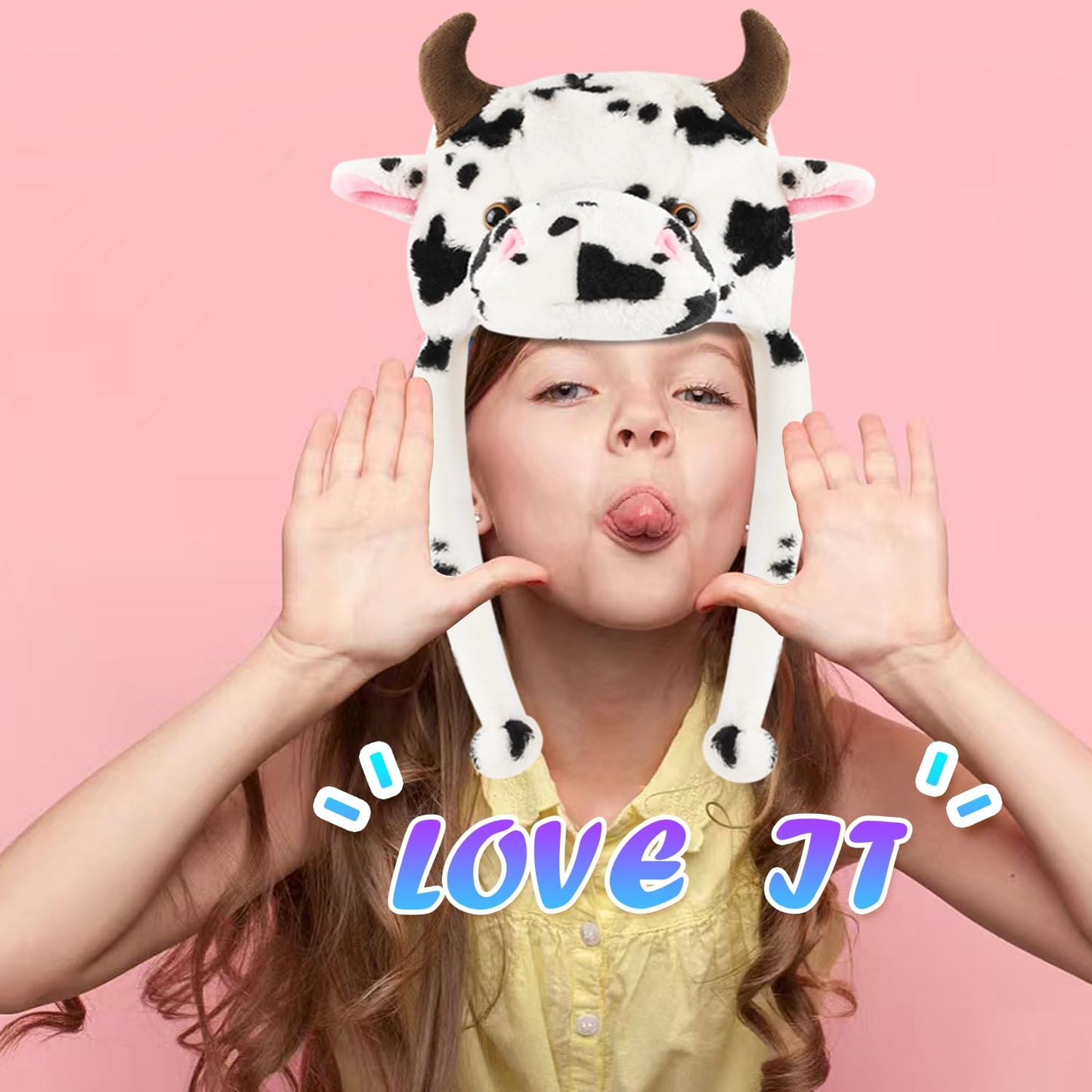 Funny Plush Animal Hat with Ear Flaps, Soft Fleece Hats Cute Bunny Cap for Kids Women Girls Cosplay Party (Cow) Multi-Colored