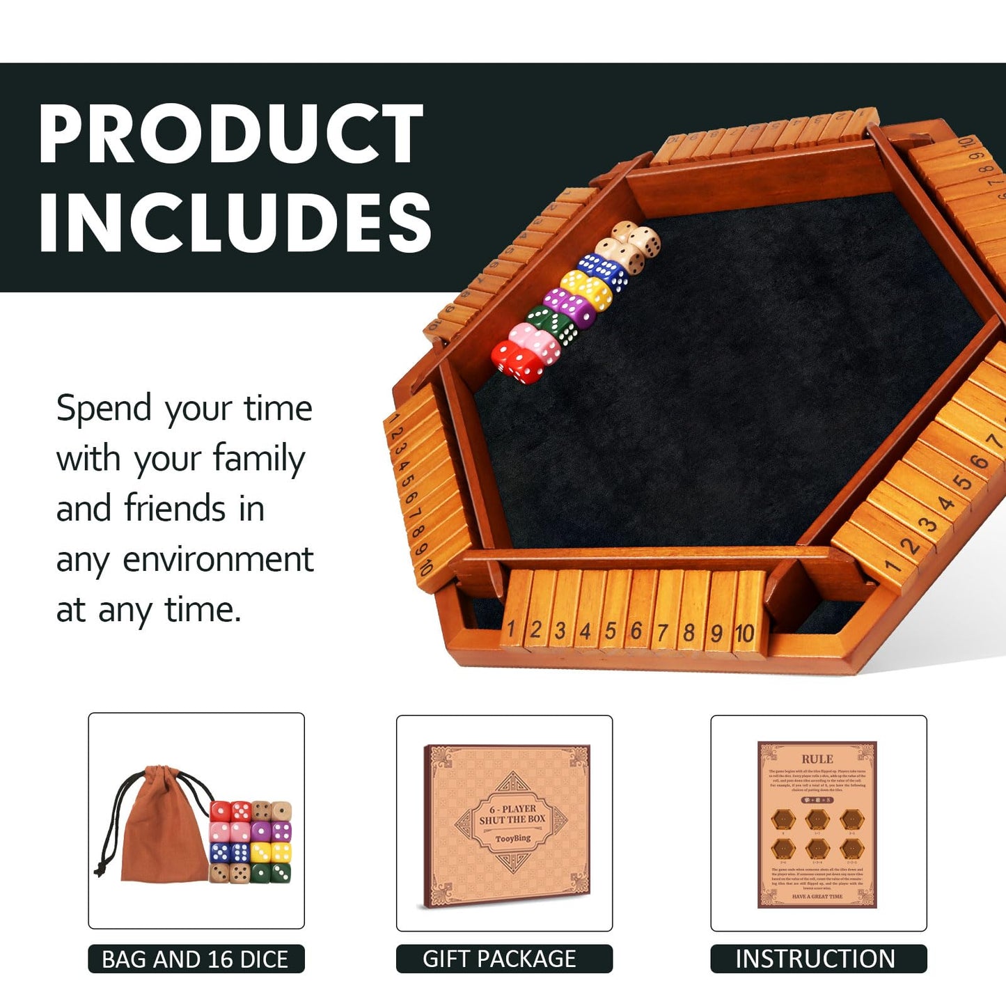 Tooybing Upgraded 1-6 Players Shut The Box Dice Game, Wooden Board Table Family Game For Kids And Adults With 16 Dice, Classic T