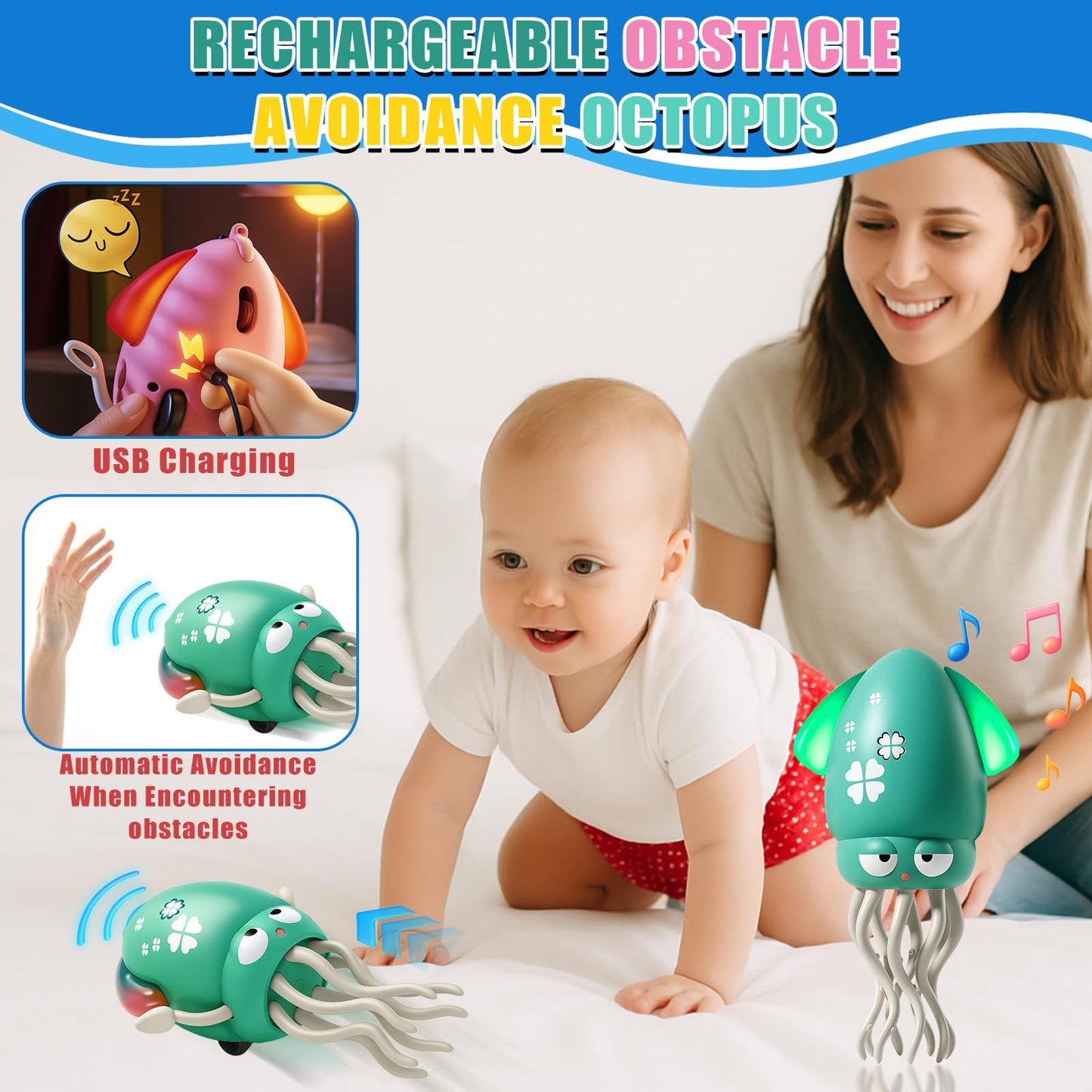 Magic Dancing Octopus Toy Smart Tentacle Explorer Wiggly Wonder Interactive Fun Octopus Crawling Dancing Automatic Obstacle Sensor Toys Crazy 8-Leg Wiggly Robotic with Music (Yellow)