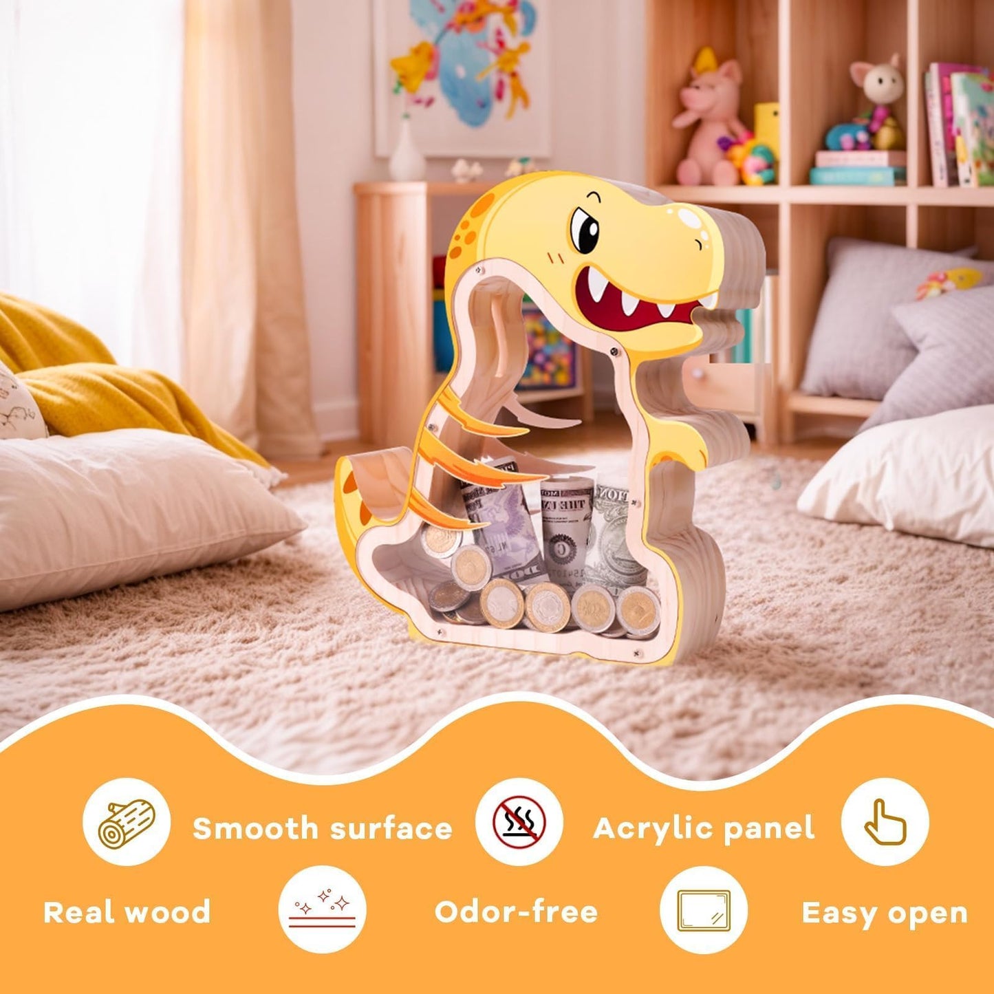 Wooden Dinosaur Piggy Banks For Kids Money Coin Bank, T-Rex Unbreakable Piggy Bank Diy Personalized Kids Safe Money Box With Sti