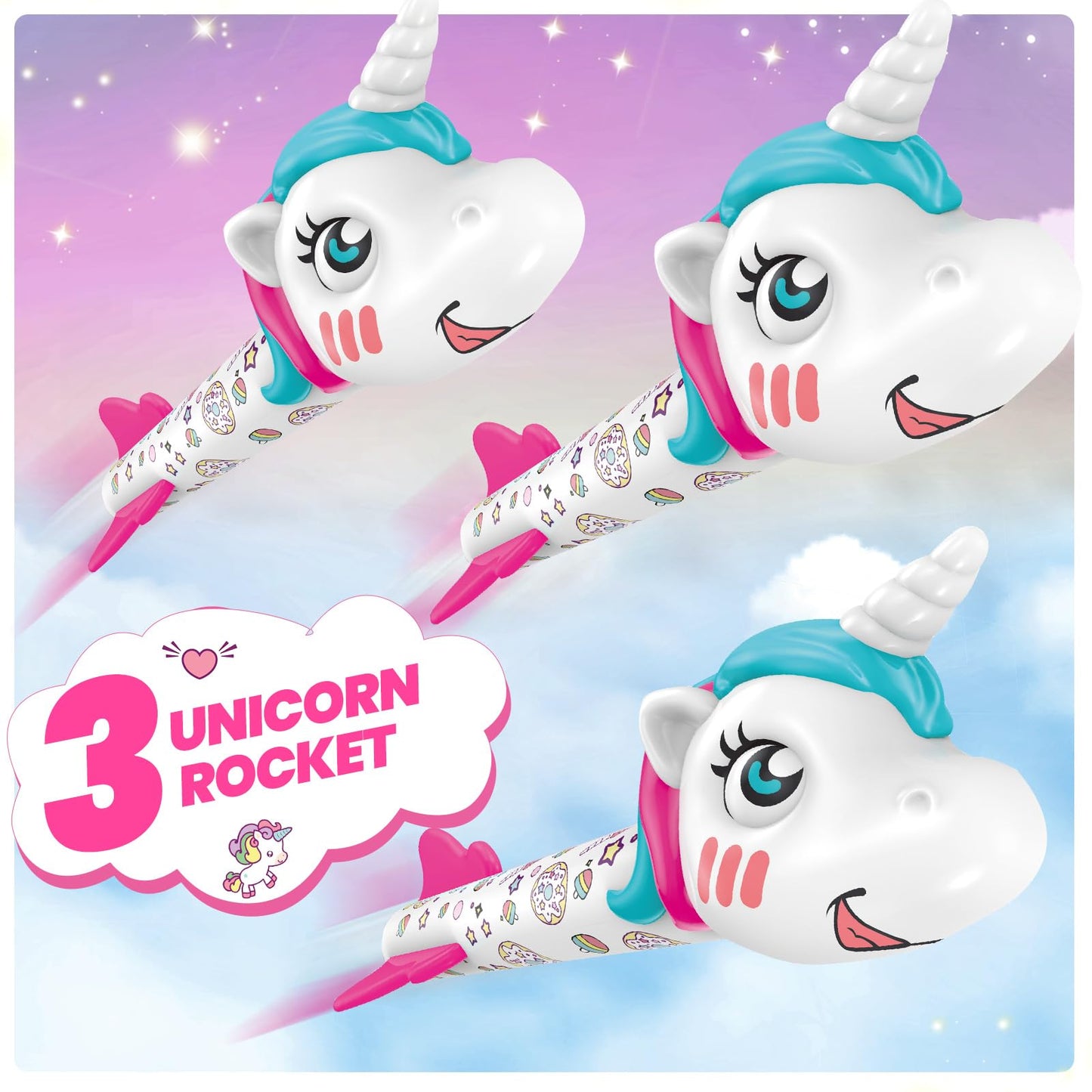 Yotoy Unicorn Rocket Launcher For Kids - Fun Outdoor Toys Launch Of Up To 100 Ft, 3 Unicorn Rockets, Gifts For 3 4 5 6 7 Years O
