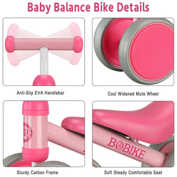Bobike Baby Balance Bike for Toddlers, No Pedal 4 Wheels, Small Size, Rose Red, Model HB01, Ideal First Birthday Gift