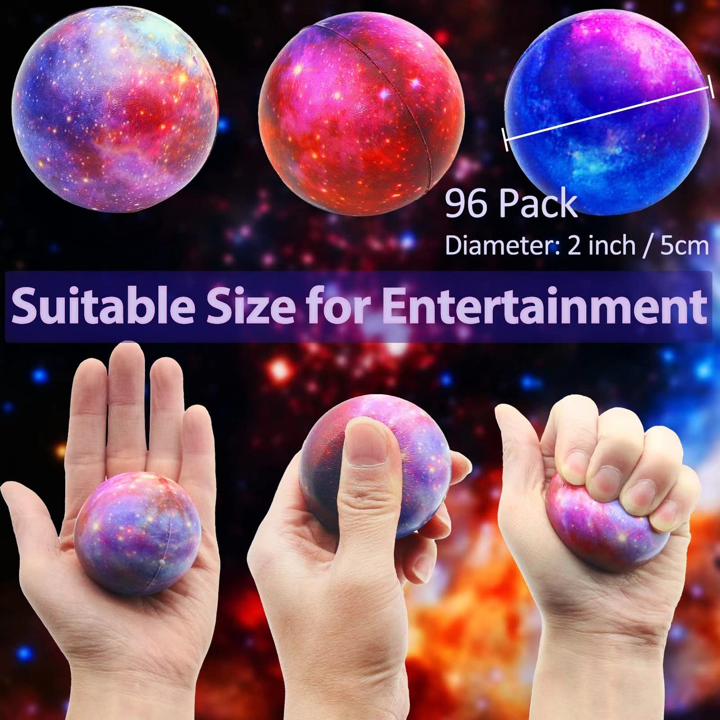 96 Pack Galaxy Stress Balls Bulk For Kids Adults 2 Inch Space Squeeze Anxiety Fidget Sensory Balls Children Outer Space Mini Rel