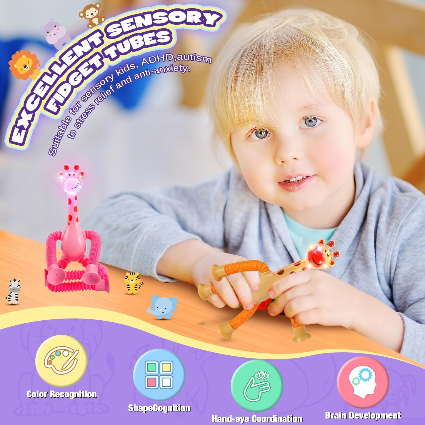 Delighkidz Sensory Fidget Toys For Kids : 4 Pack Led Giraffe Telescopic Pop Tubes 2 3 4 5 6 7 8 Year Old Girls Boys Easter Birthday Gifts Toy For Kid Ages 2-4 Autism Toddler Travel Toy Party Favors