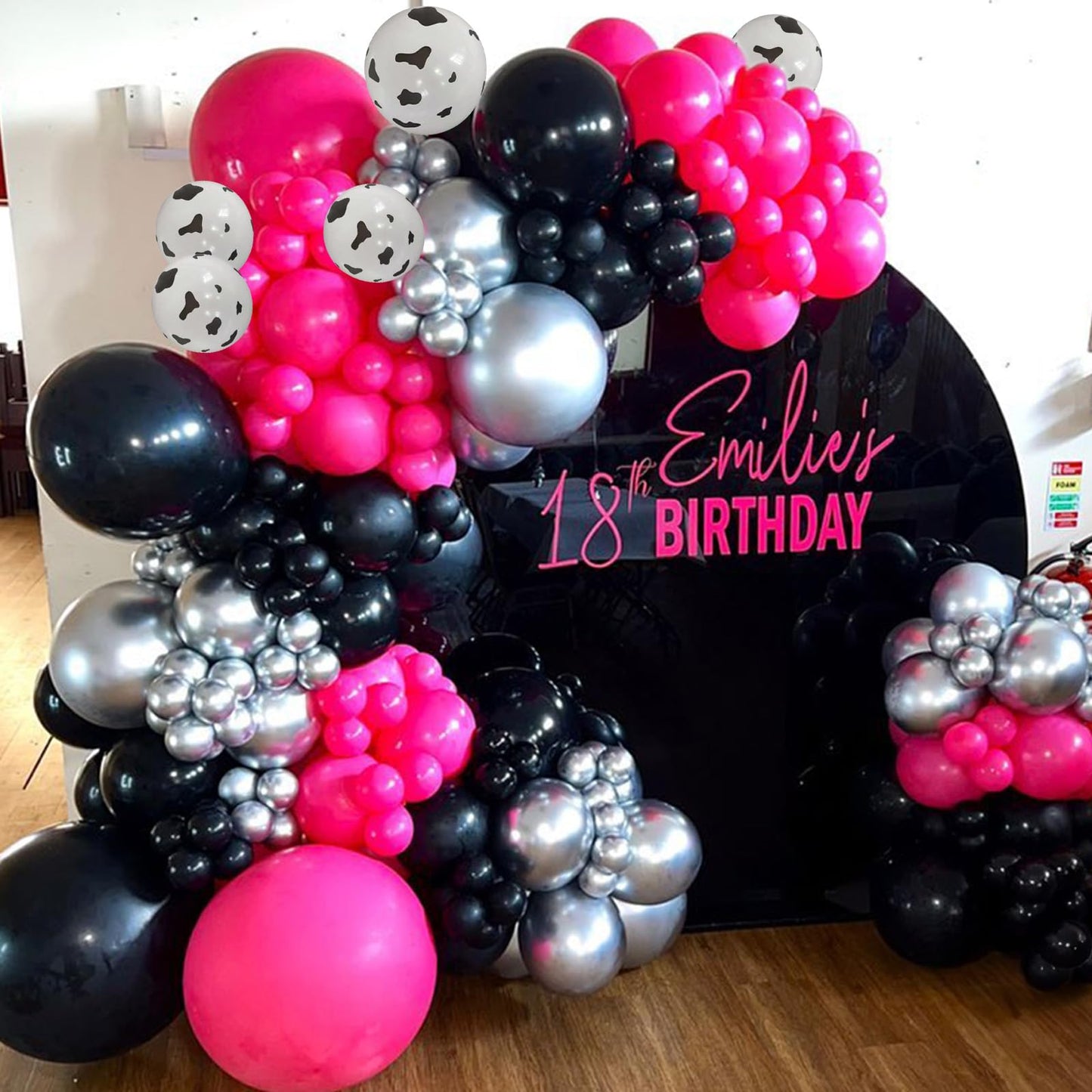 Hot Pink And Black Balloons Arch Kit, 110 Pcs Farm Cow Print Balloon Arch Garland Kit With Metallic Silver Balloons Light Baby P