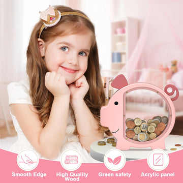 Summidate Pink Piggy Bank Girls, Unbreakable Wooden Piggy Bank For Kids, Cute Personalized Wood Money Bank With Diy Sticker, Creative Saving Money Box Birthday For Child