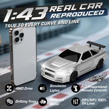 VoleRusher RC Mini Drift Car - 1/43 Scale, Silver, ABS Material, Age 8-14, RTR 2.4GHz Remote, includes 2 Tire Sets &