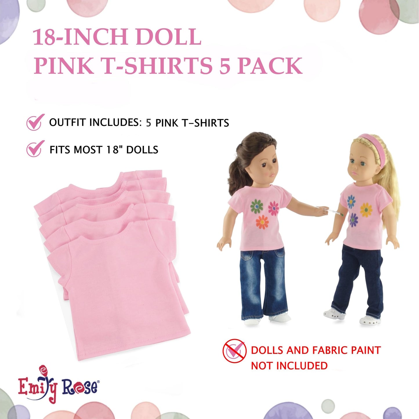 Emily Rose 18 Inch Doll Clothes 5 Pack Pink lassic Casual Versatile T-Shirts Tees Basics Value Bundle for Kids Girls Crafting Pa