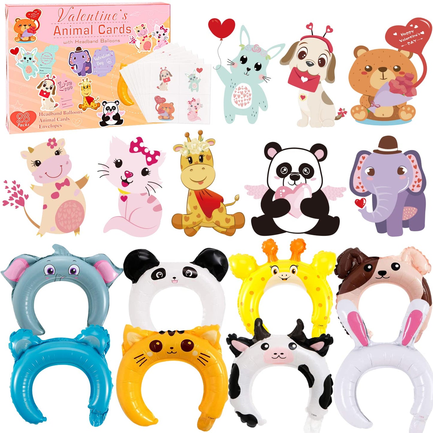 Valentines Day Cards For Kids - 28 Valentine Cards + 28 Inflatable Animal Headbands + 28 Gift Envelopes & Tattoos, Animal Greeti