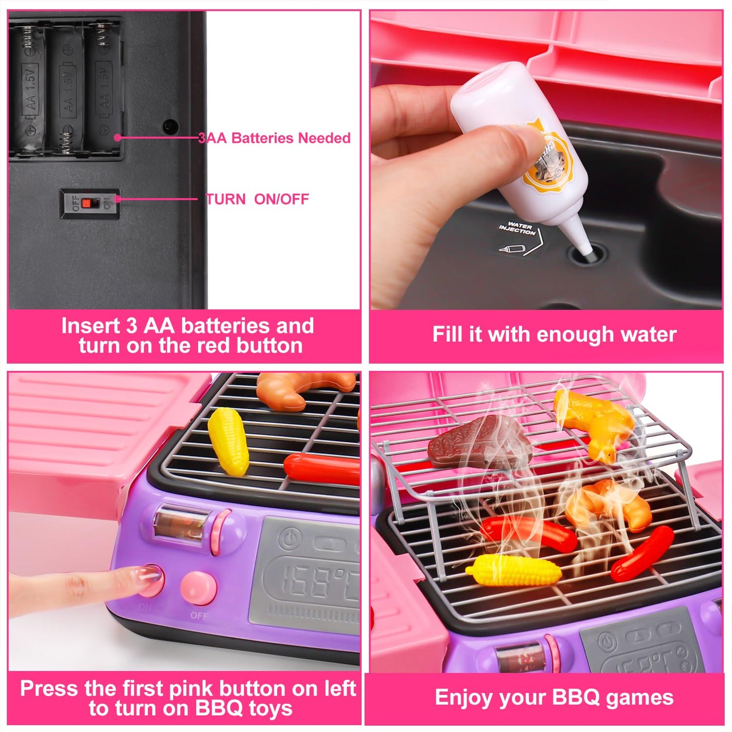 Girls BBQ Grill Playset with Pretend Smoke Sound Light Kids Pink Kitchen Toy Age 2-4 3-5 4-8 Toddler Camping Cooking Set Play Fo