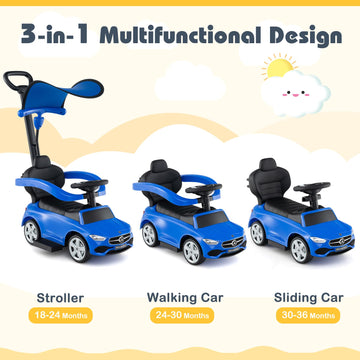 Costzon Push Car for Toddlers 3 in 1 Mercedes Benz Stroller Sliding Walking Car w/Canopy Handle Safety Bar Horn Sound Underneath Storage Foot-to-Floor Ride On Toy for Boys & Girls (Blue)