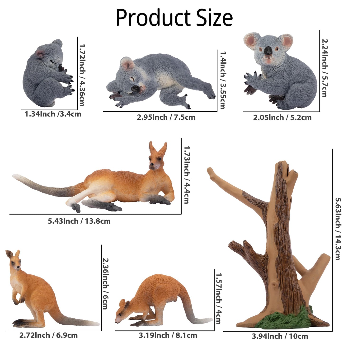 Toymany 7PCS Australian Wildlife Animal Figurines Set - Plastic Koala & Kangaroo Cake Toppers for Kids - Assorted Colors