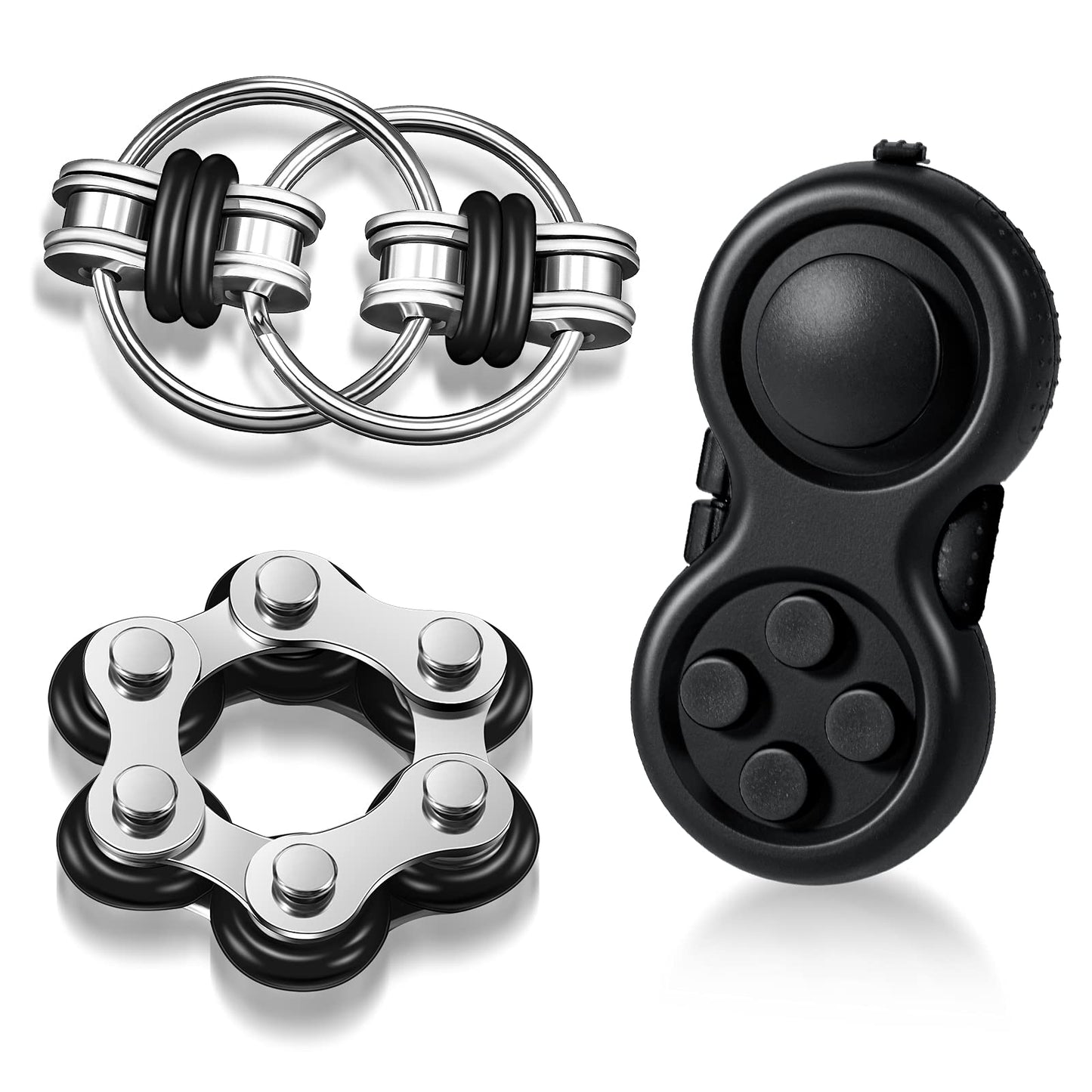 3 Pcs Fidget Toys Adults Set Fidgets Controller Pad Handheld Fidget Pad Game Six Roller Chain Key Flippy Chain Autism Sensory For Adhd Add Ocd Autism Anxiety Stress Relief Teen Kids(Black)