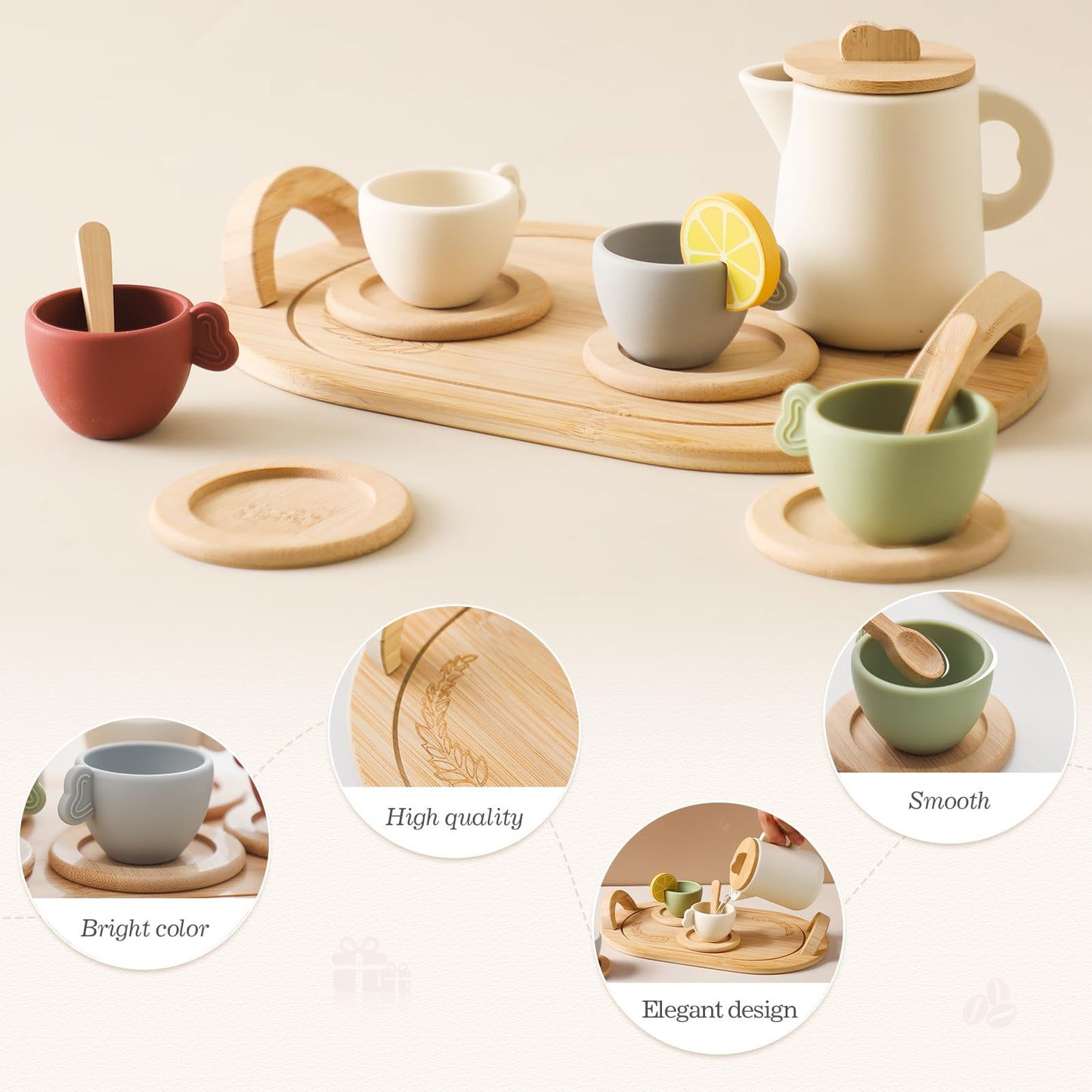 Tea Party Set for Little Girls,Wooden Tea Set,Princess Tea Time Sets for Kids Best Gifts for Toddler with Silicone Teapot Cups W